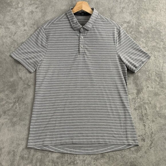 Lululemon Shirt Men Medium Evolution Polo Bunker Stripe Gray Short Sleeve Preppy - Picture 1 of 8